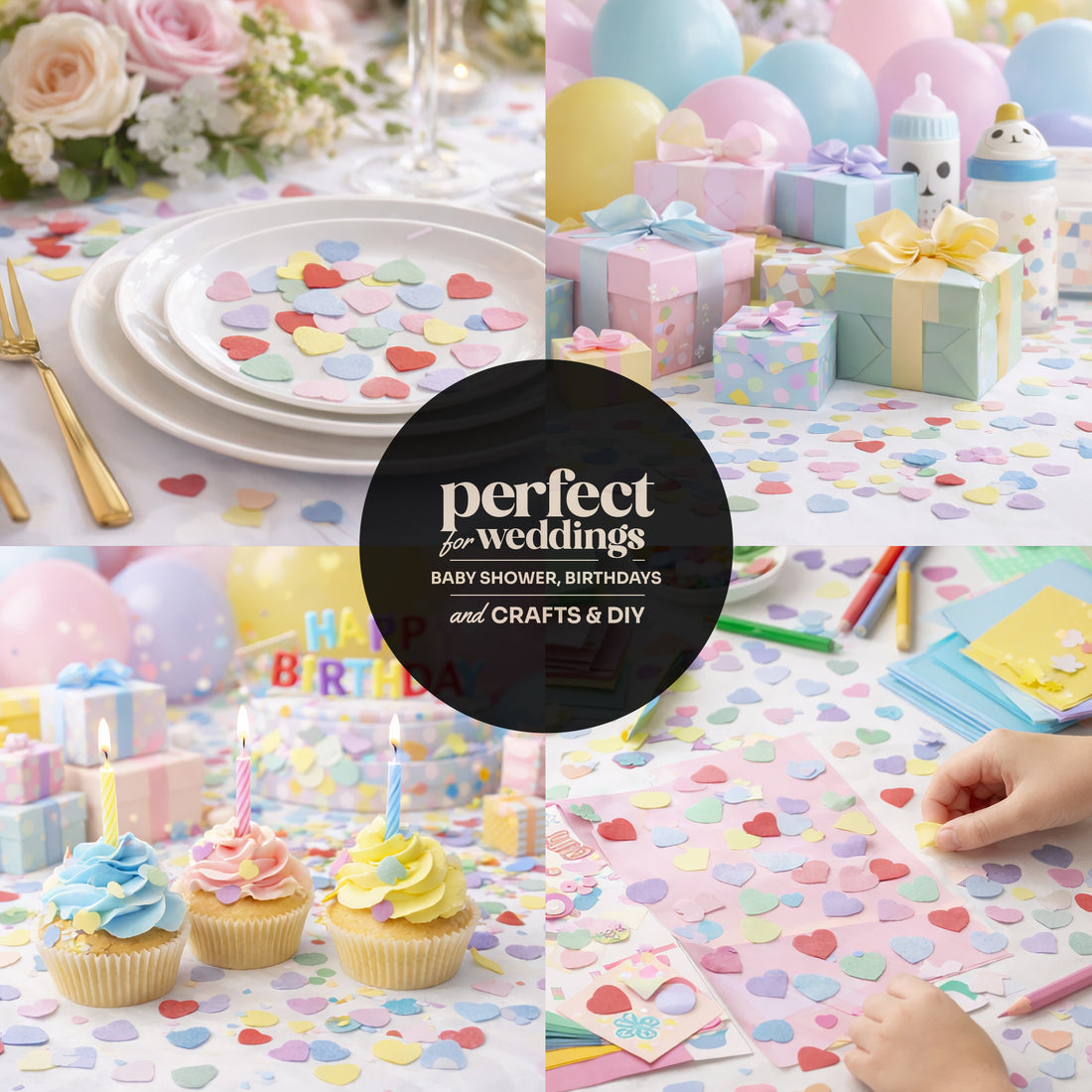 Colorful party setup with pastel decorations, plantable confetti hearts, cupcakes, and a &