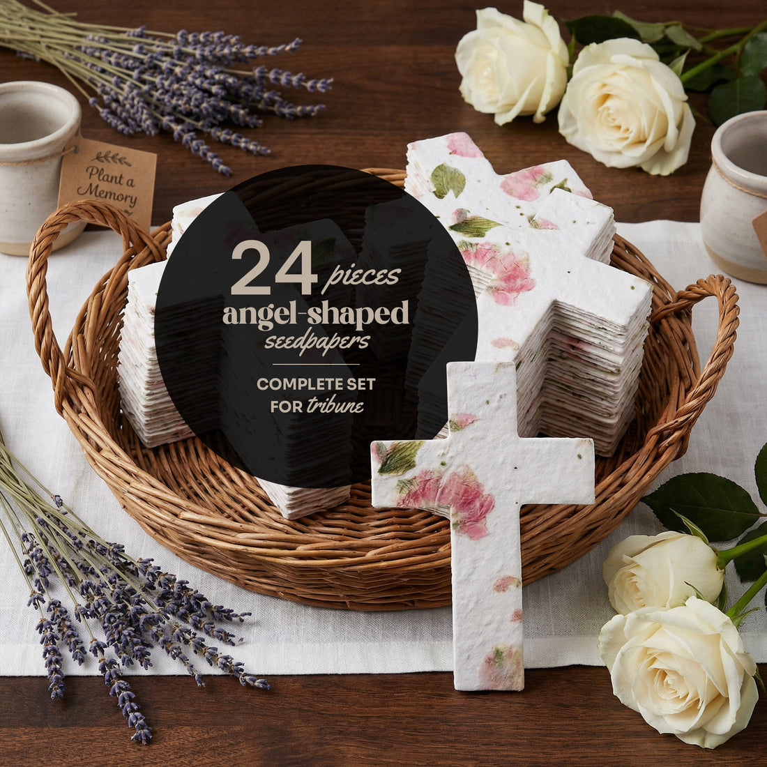 A basket adorned with flowers and a cross, showcasing Bloom Plantable Seed Paper Funeral Favors