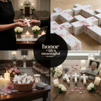 A collage of four images showing Bloom plantable seed paper cross funeral favors used in memorial settings