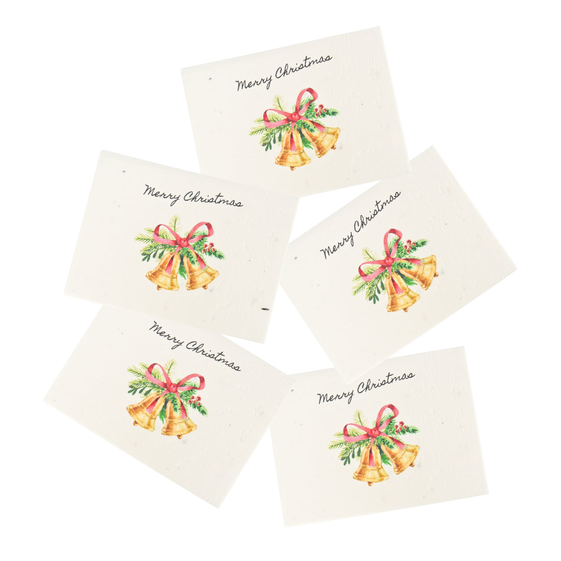 Set of Christmas-themed cards with ribbons and bells on a white background