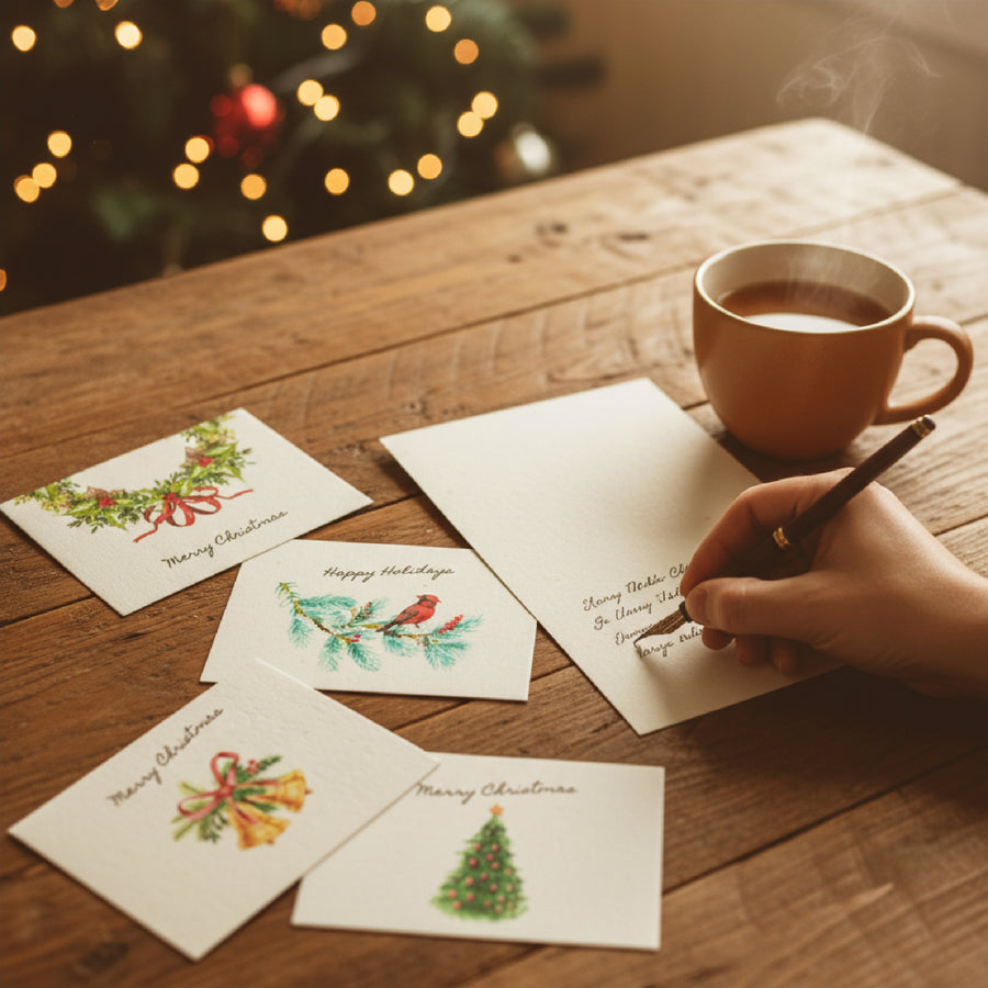 Hand writing a letter with Plantable Holiday Christmas cards by Seed Bloom Gifts and a mug of coffee on a wooden table.