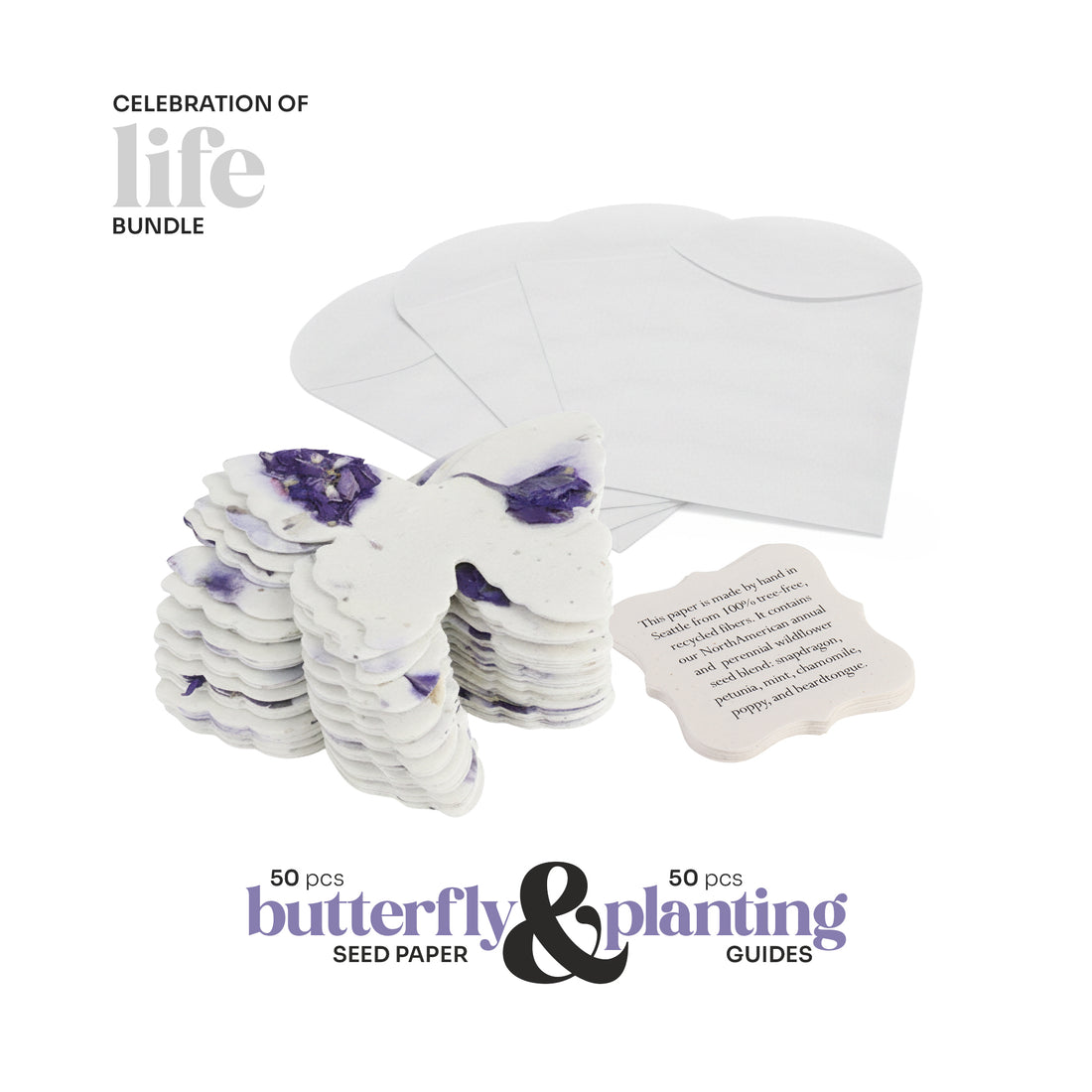 Butterfly seed paper and planting guides with a white container on a white background.