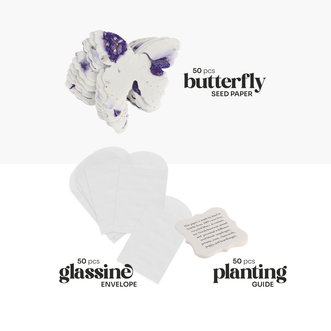 Butterfly seed paper set with glassine envelopes and planting guide on a white background