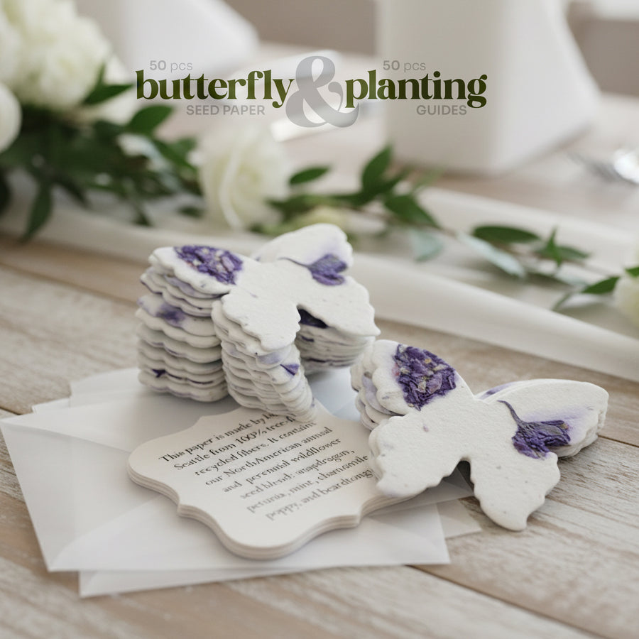 Butterfly-shaped seed paper on a wooden surface with white flowers in the background.