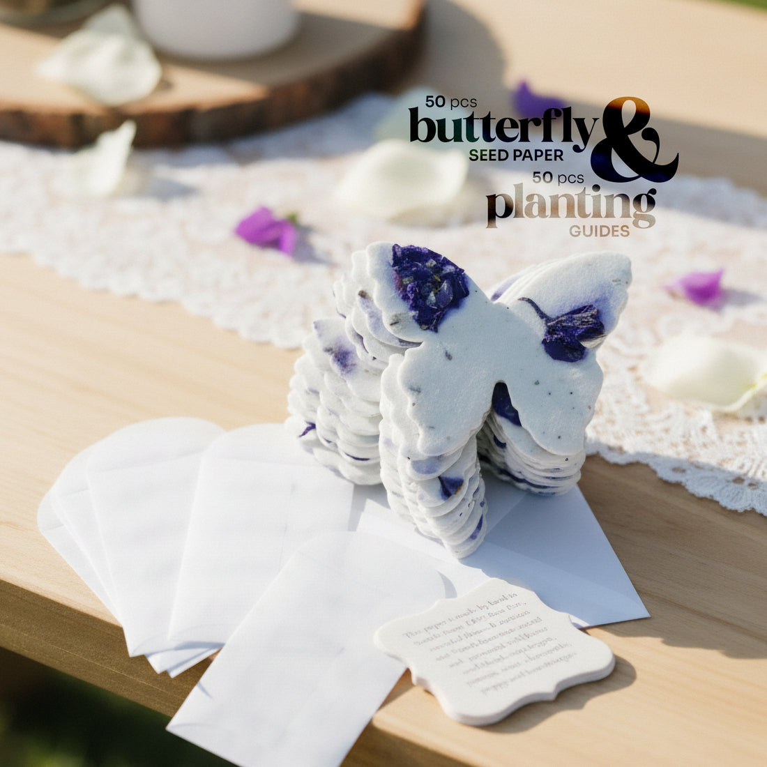 Butterfly-shaped seed paper on a wooden surface with &