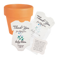 Onesie seed paper baby shower favors with blue flowers bundled with orange mini pots and planting guide 