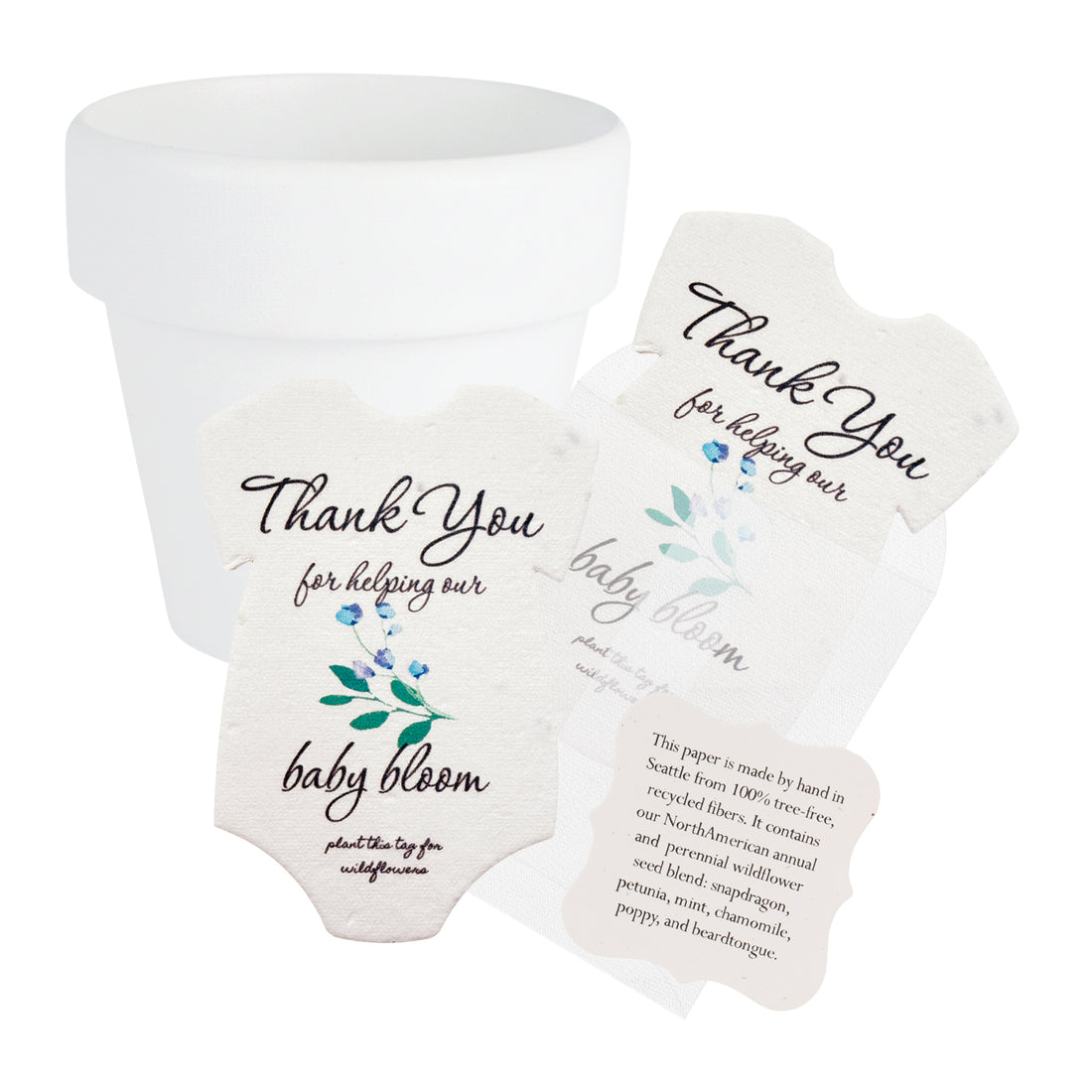 Onesie seed paper baby shower favors with blue flowers bundled with orange white pots and planting guide 