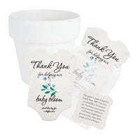 Onesie seed paper baby shower favors with blue flowers bundled with orange white pots and planting guide 