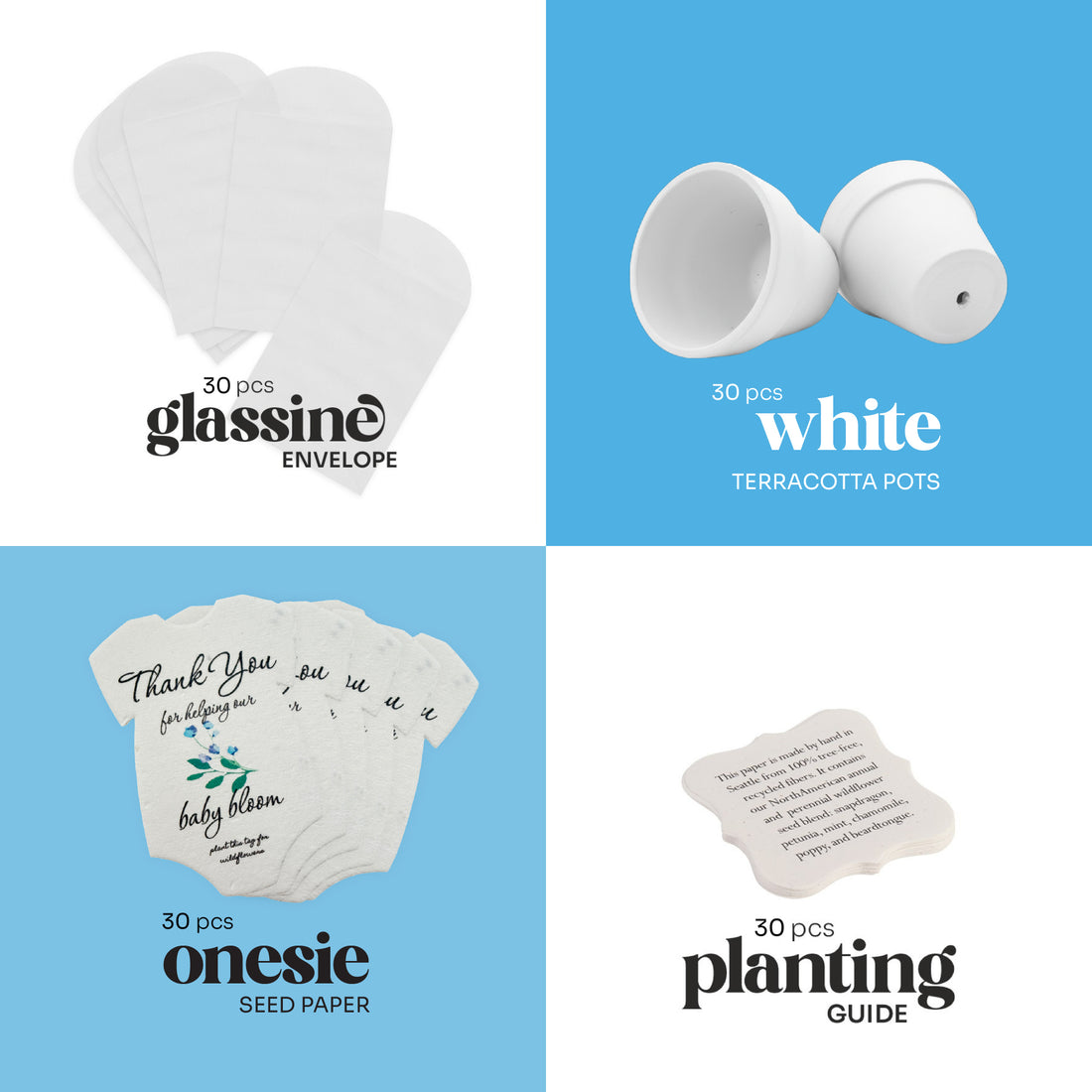 Collection of baby items including glassine envelopes, white terracotta pots, onesie seed paper, and planting guide on a blue background.