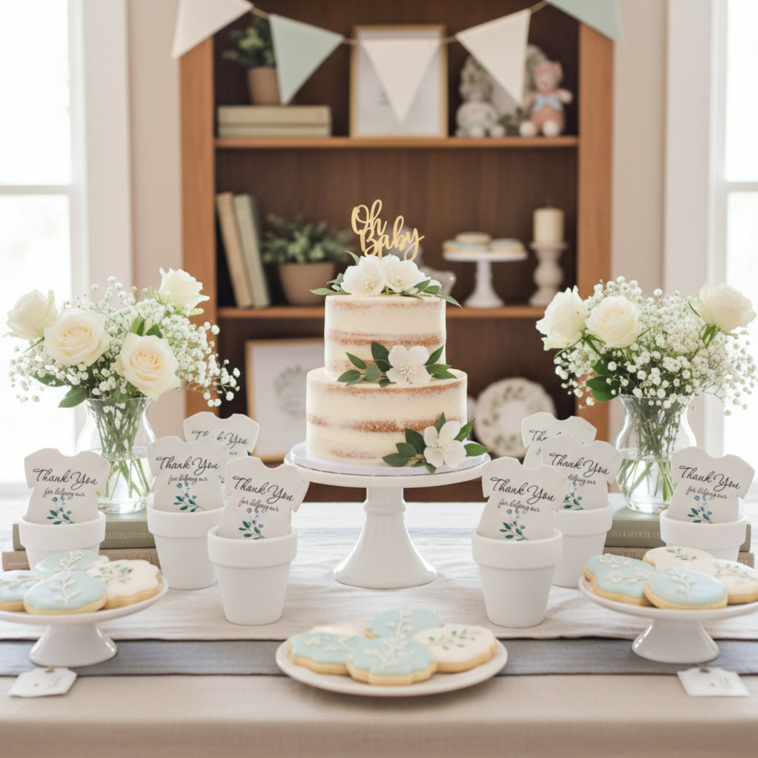 Elegant baby shower dessert table featuring a tiered “Oh Baby” cake, white floral arrangements, decorated cookies, and plantable seed paper onesie favors displayed in white pots across the table.