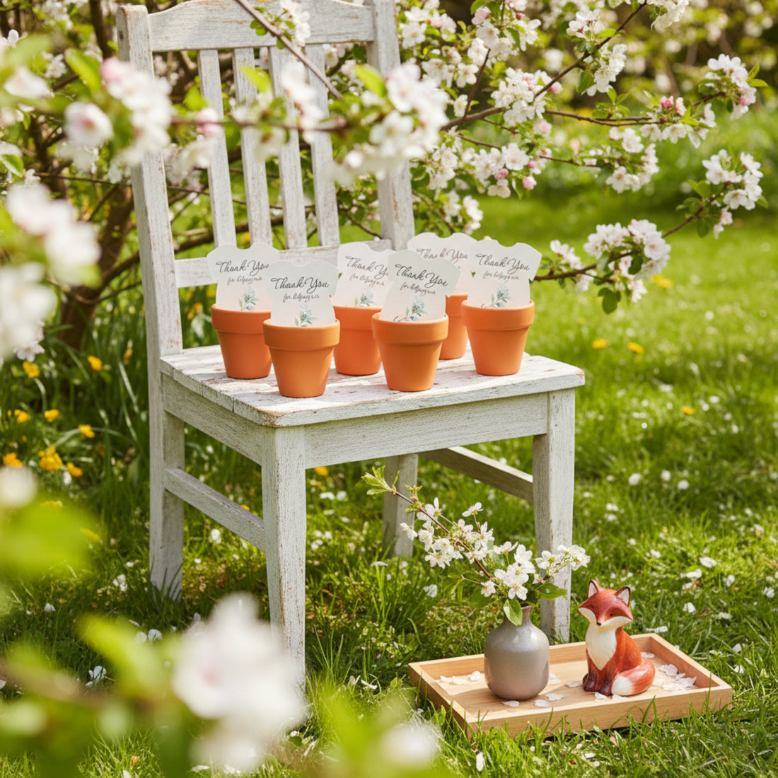 Plantable seed paper onesie baby shower favors displayed in small orange terracotta pots on a white wooden chair outdoors, surrounded by blooming branches and greenery.