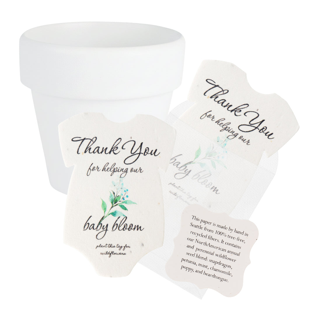 Onesie seed paper baby shower favors with green flowers bundled with white mini pots and planting guide 