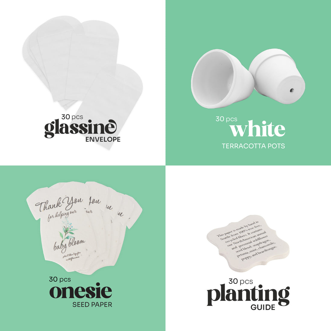 Set of glassine envelopes, white terracotta pots, onesie seed paper, and planting guide on a green background.