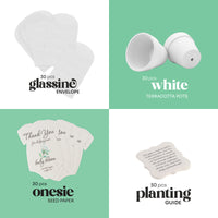 Set of glassine envelopes, white terracotta pots, onesie seed paper, and planting guide on a green background.
