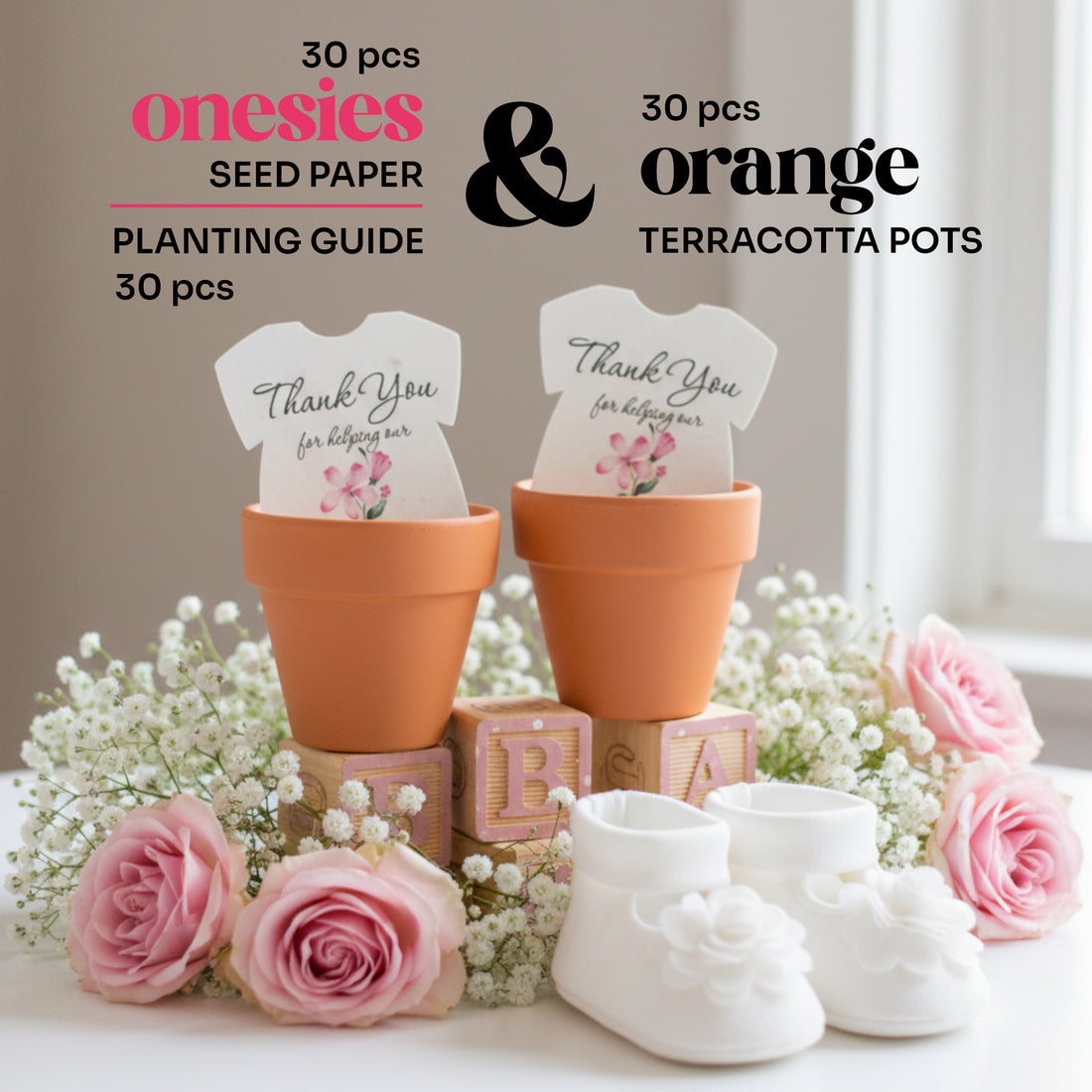 Terracotta pots with seed paper and flowers on a neutral background
