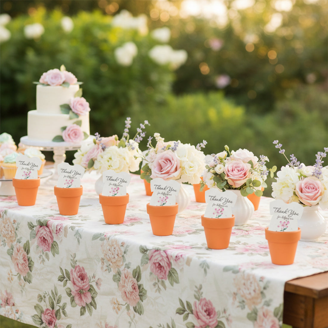 Outdoor baby shower table decorated with floral arrangements and a tiered cake, featuring plantable seed paper onesie favors displayed in orange terracotta pots along a floral tablecloth.