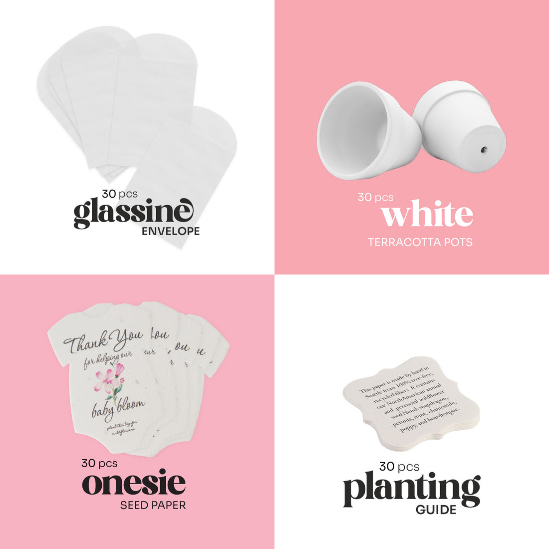 Collection of baby items including glassine envelopes, white terracotta pots, onesie seed paper, and planting guide on a pink background.