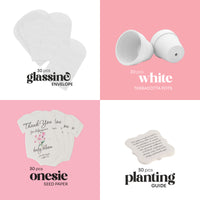 Collection of baby items including glassine envelopes, white terracotta pots, onesie seed paper, and planting guide on a pink background.