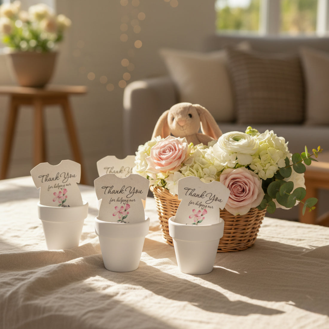 Plantable seed paper onesie baby shower favors displayed in white pots on a soft table setting, arranged beside a basket of pastel flowers and a plush bunny in a cozy, nursery-style room.