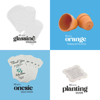 Four product images with labels for glassine envelopes, terracotta pots, onesie seed paper, and a planting guide on a blue and white background.