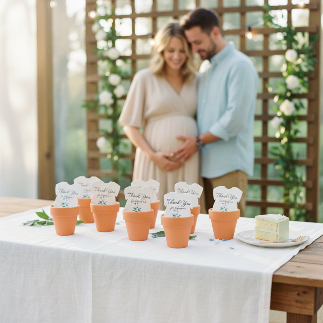 Baby shower table display featuring plantable seed paper onesie favors in terracotta pots, with an expectant couple standing together in the background at a softly decorated event.