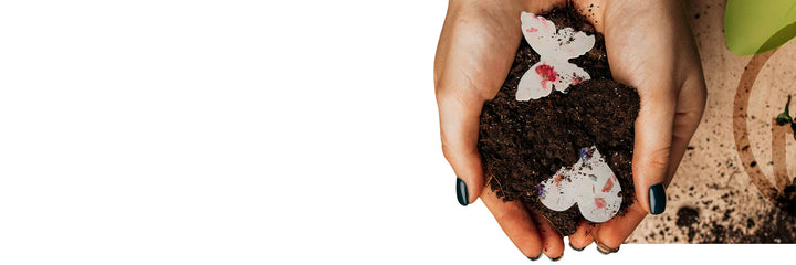 Hands holding a plantable seed paper with soil, symbolizing growth and care.