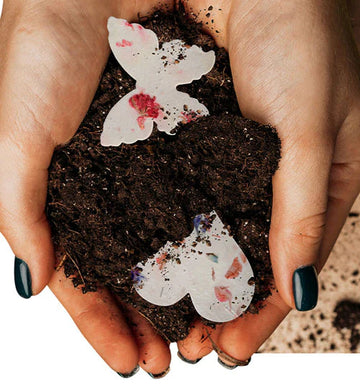 Hands holding a plantable seed paper with soil, symbolizing growth and care.