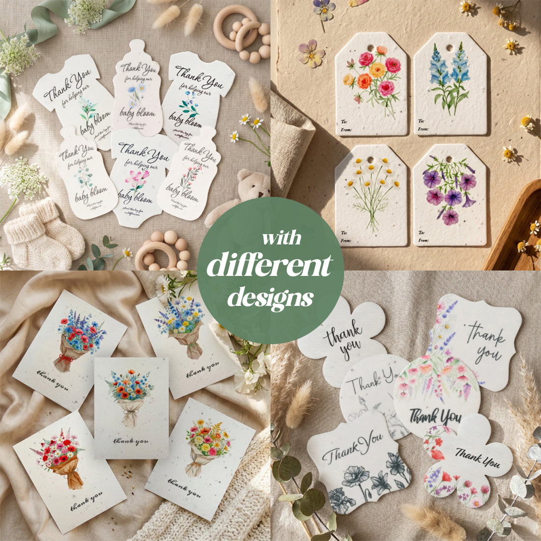 Plantable Seed Paper Sample Pack designs, baby shower and thank you cards
