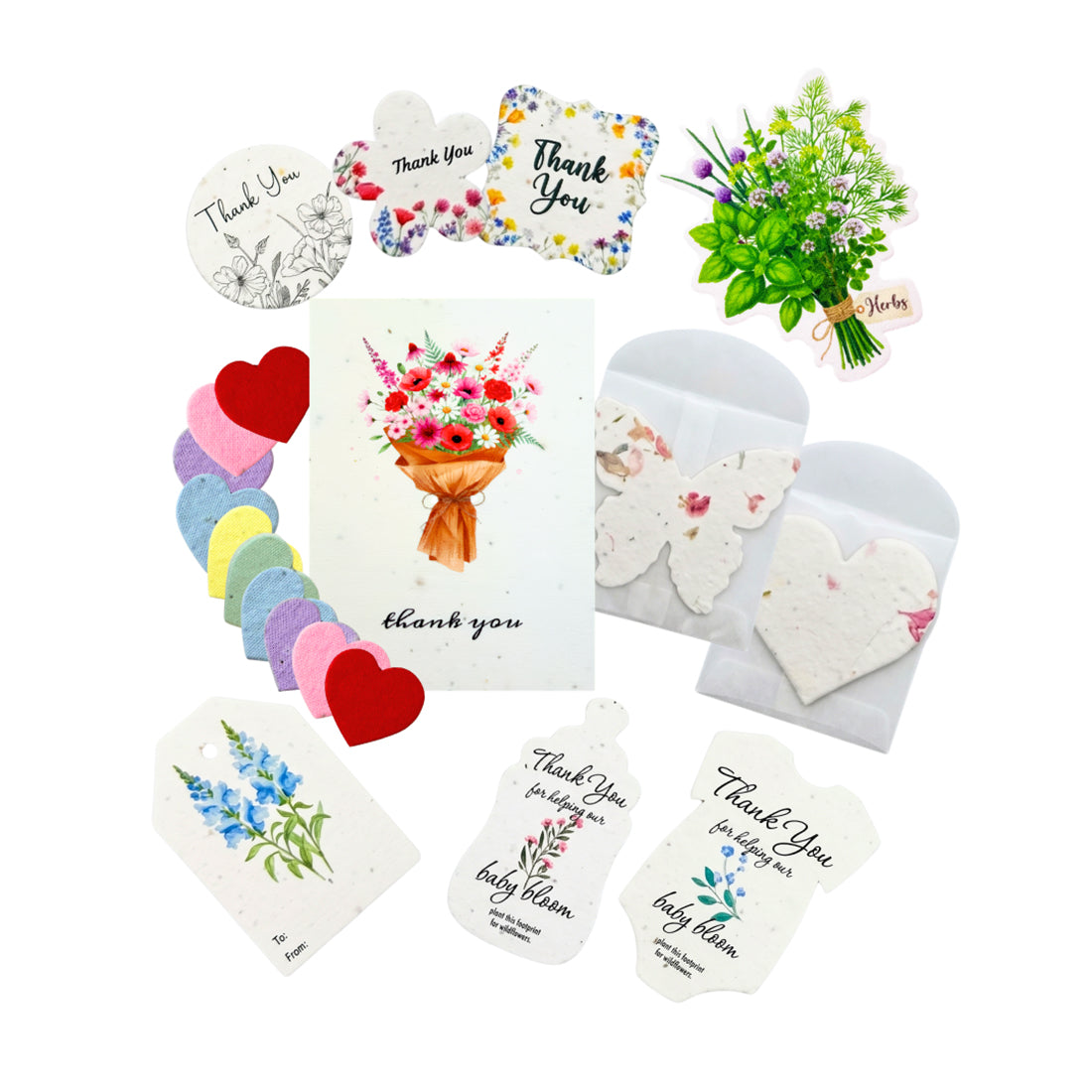 A gift set of thank you cards and envelopes with floral and heart designs, displayed on a clean white background.
