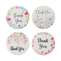  Four round magnets featuring floral designs with "Thank You" text, labeled as Bloom Thank You Tags