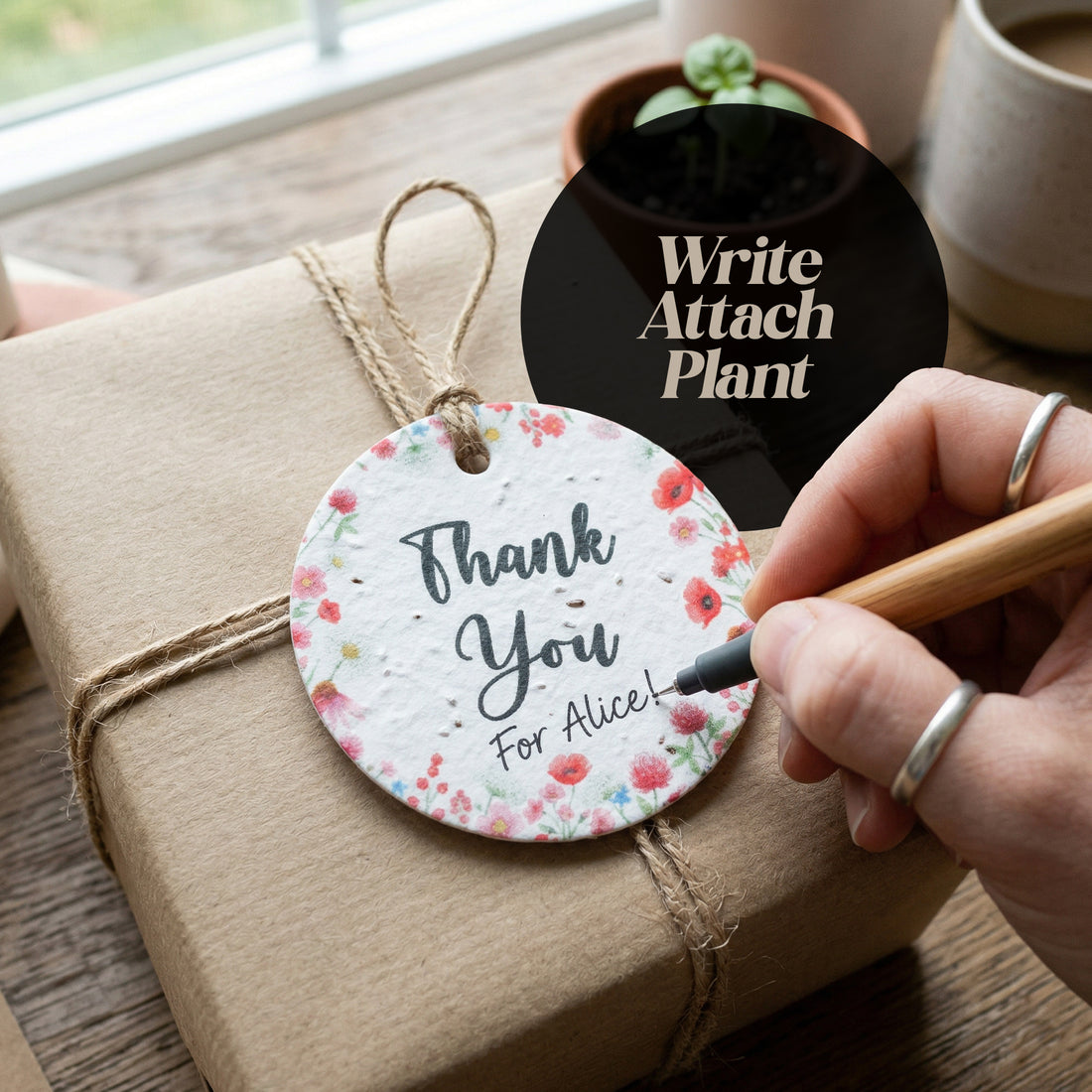A vibrant plant adorned with "Bloom Thank You" tags, representing a write-a-thon event