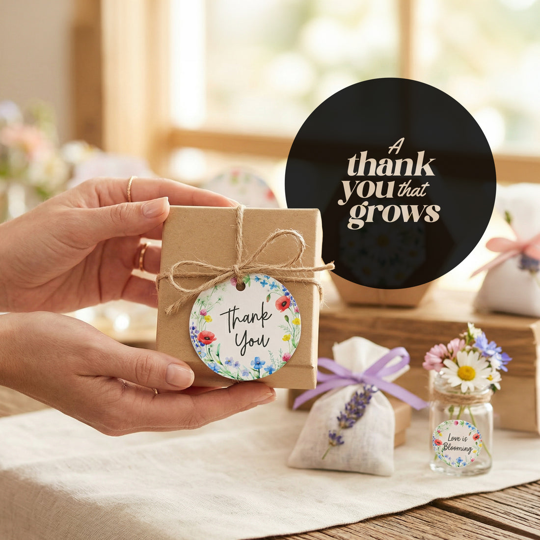 Set of floral thank you tags with a vibrant bloom pattern, ideal for gifts and appreciation notes