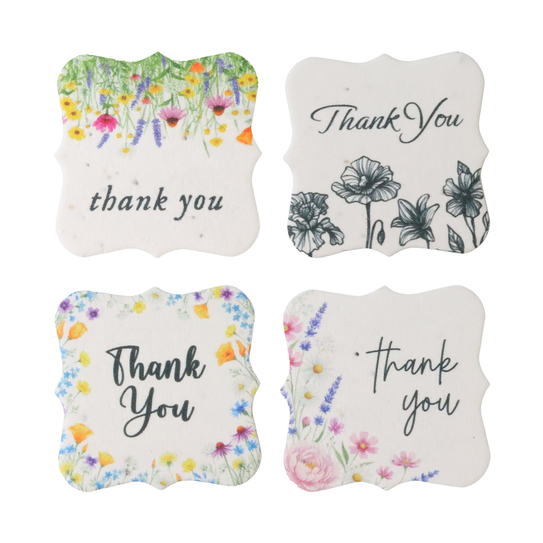 Four floral coasters featuring "Thank You" tags, perfect for expressing gratitude at gatherings or events