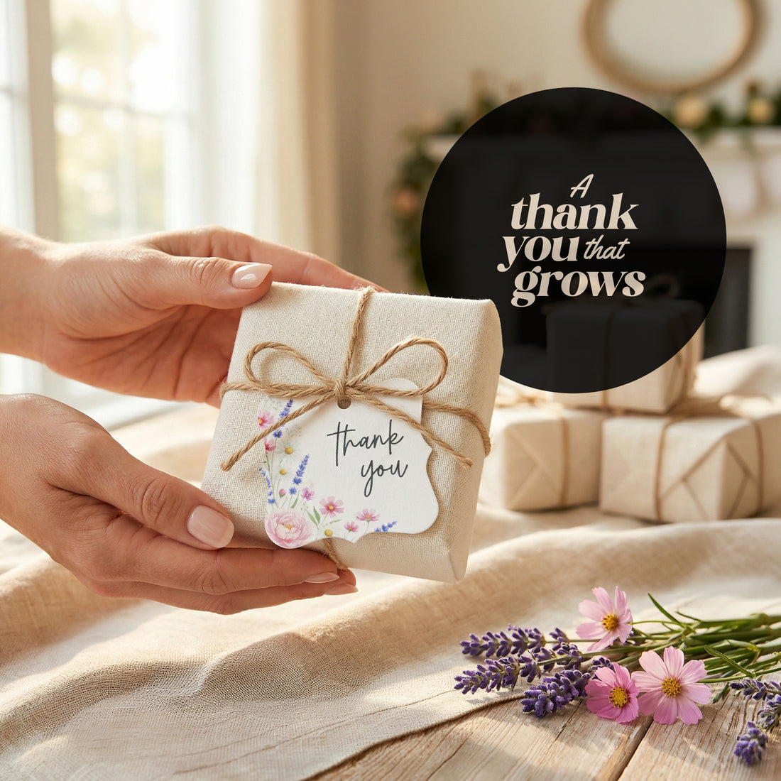 Bright floral gift wrap with "Bloom Thank You Tags," perfect for expressing gratitude in a vibrant way.