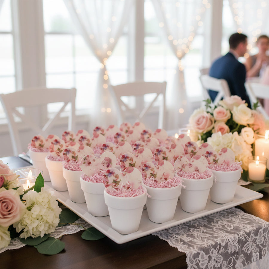 Decorative flower pots on a table with a blurred background of people and lights, Seed Bloom Gifts.