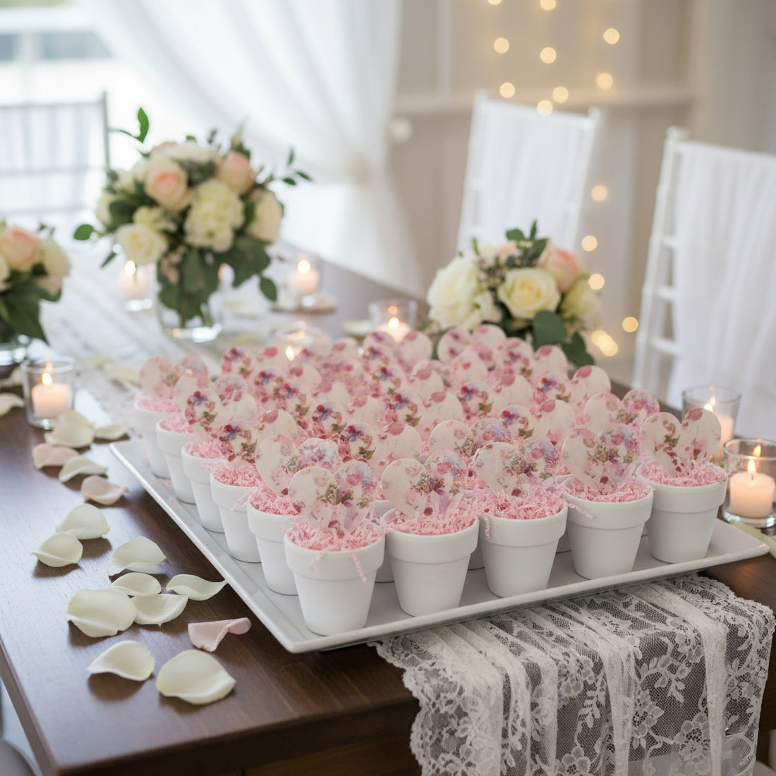 Decorative table setting with pink floral arrangements in small pots on a white tray, Seed Bloom Gifts.